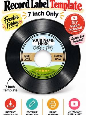 Freebie Friday is here! 🎉 This week’s freebie is a 7-inch record label template with the large center hole, perfect for DIY record crafts, party decor, keepsakes, and custom gifts. Your free download also includes a DIY video tutorial + supply list, so you can see exactly how to customize, print, cut, and use your template. ✨ Editable digital template ✨ 7-inch record label ✨ DIY tutorial included ✨ Supply list included ✨ Instant download ✨ No physical product will be shipped Grab it while it’s available for Freebie Friday and start creating your own custom record project! Link in Bio #FreebieFriday #EPCCraftersGym #RecordLabelTemplate #VinylRecordCrafts #canvatutorials