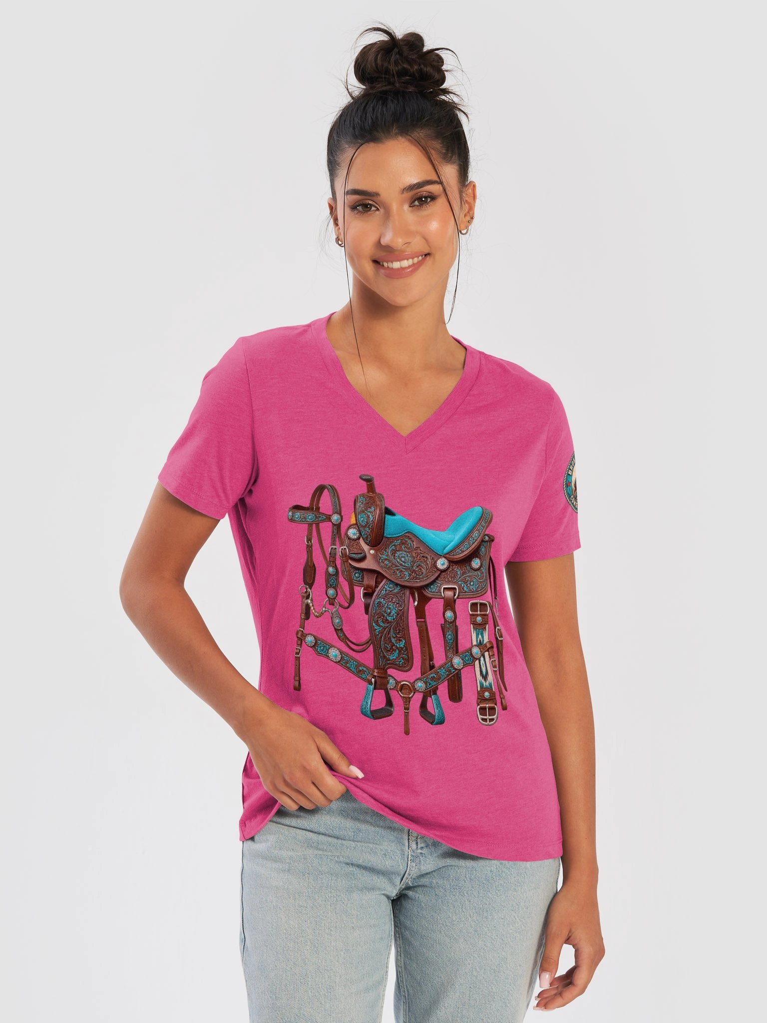 Turquoise Saddle Cowgirl V-Neck T-Shirt | BROKEN RODEO™ product image (47)
