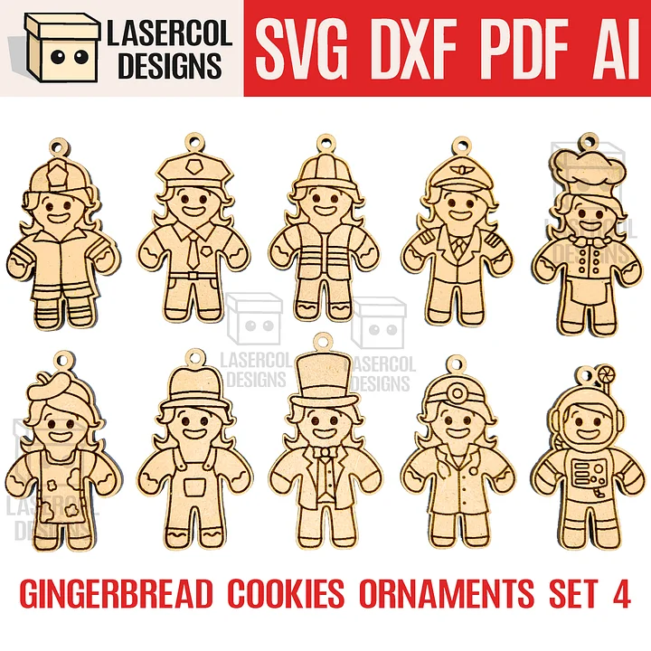 Gingerbread Cookies Christmas Ornaments Set 4 - Laser Cut Files product image (1)