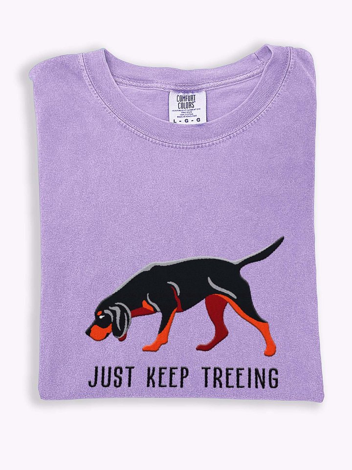 Just Keep Treeing T-Shirt(Embroidered) of a Black & Tan Coonhound product image (1)