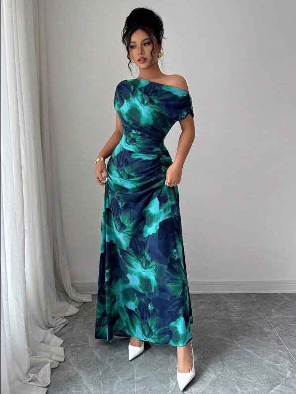 ADLEST Women's Minimalist Print Asymmetrical Shoulder & Waist Ruched Dress product image (1)