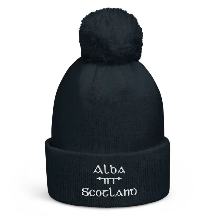 Scotland/Alba Scholastic style Ogham, navy with white, embroidered Pom-Pom Beanie product image (1)