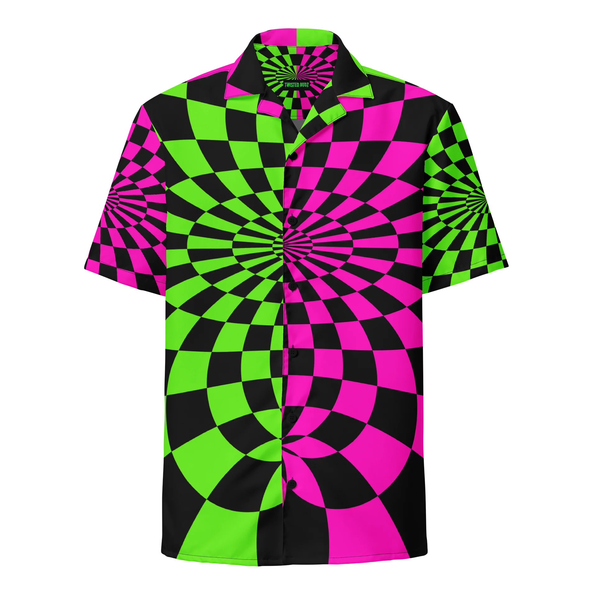 Trippy Neon Rave Button Shirt, Psychedelic Checkers EDM Clothes, Hot Pink Green Black Y2K Ravewear, Music Festival Fashion, Retro 90's Top product image (2)