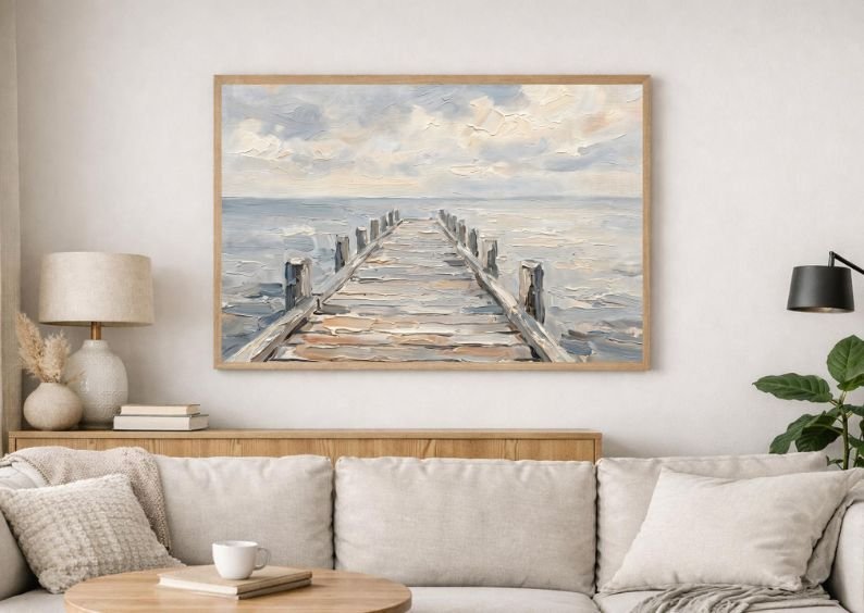 Rare Watercolor Coastal Wall Art Bundle of 3 – Fishing Boats on Wet Sand, Waves Crashing Against Coastal Rocks & Wooden Pier Extending into Ocean, Fine Detail Nautical Print product image (2)