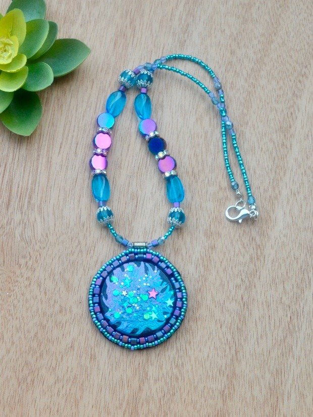 Sparkly Blue and Silver Handmade Beaded Pendant Necklace With Stars and Shimmer - Wearable Art product image (3)