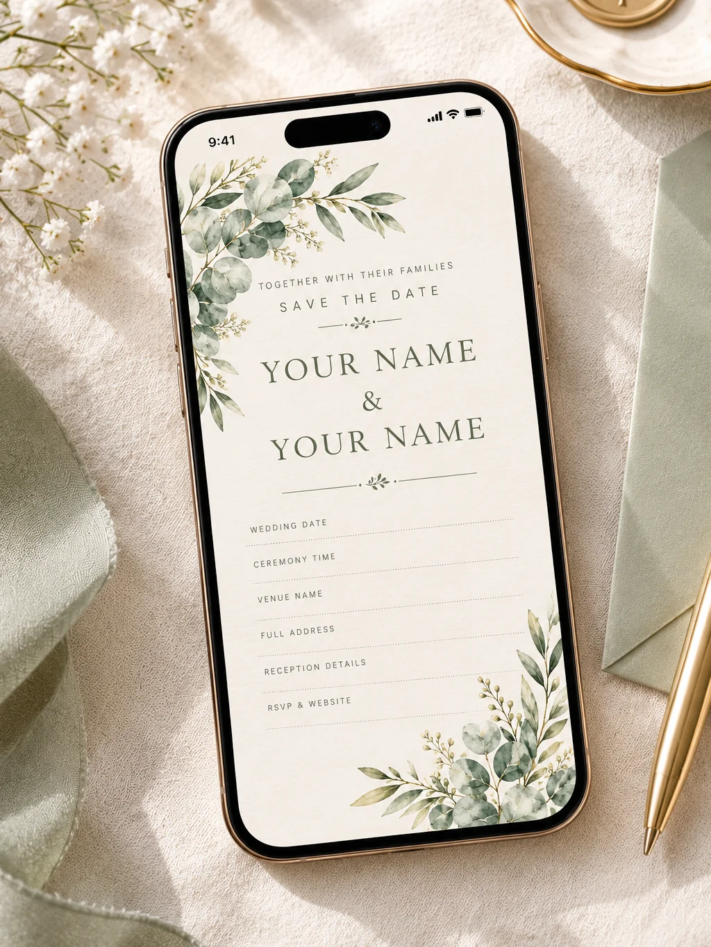 Sage Green Eucalyptus Wedding Invitation Template, Editable Canva Invite, Botanical Greenery Wedding Invitation, Printable Download product image (2)