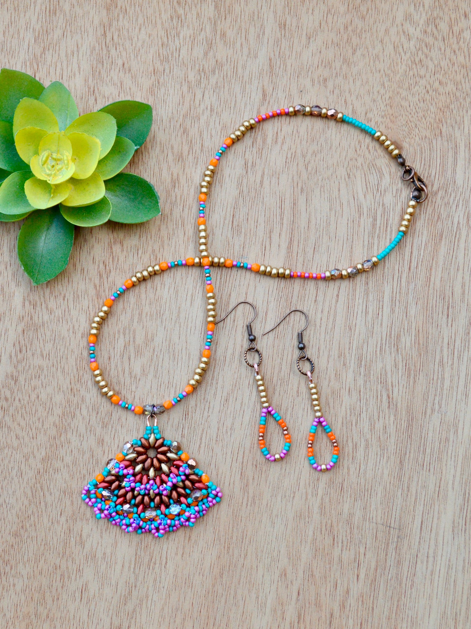 Colorful Seed Bead Handmade Fan Pendant Necklace and Dangle Earrings Jewelry Set Purple, Gold, Orange, Blue product image (1)