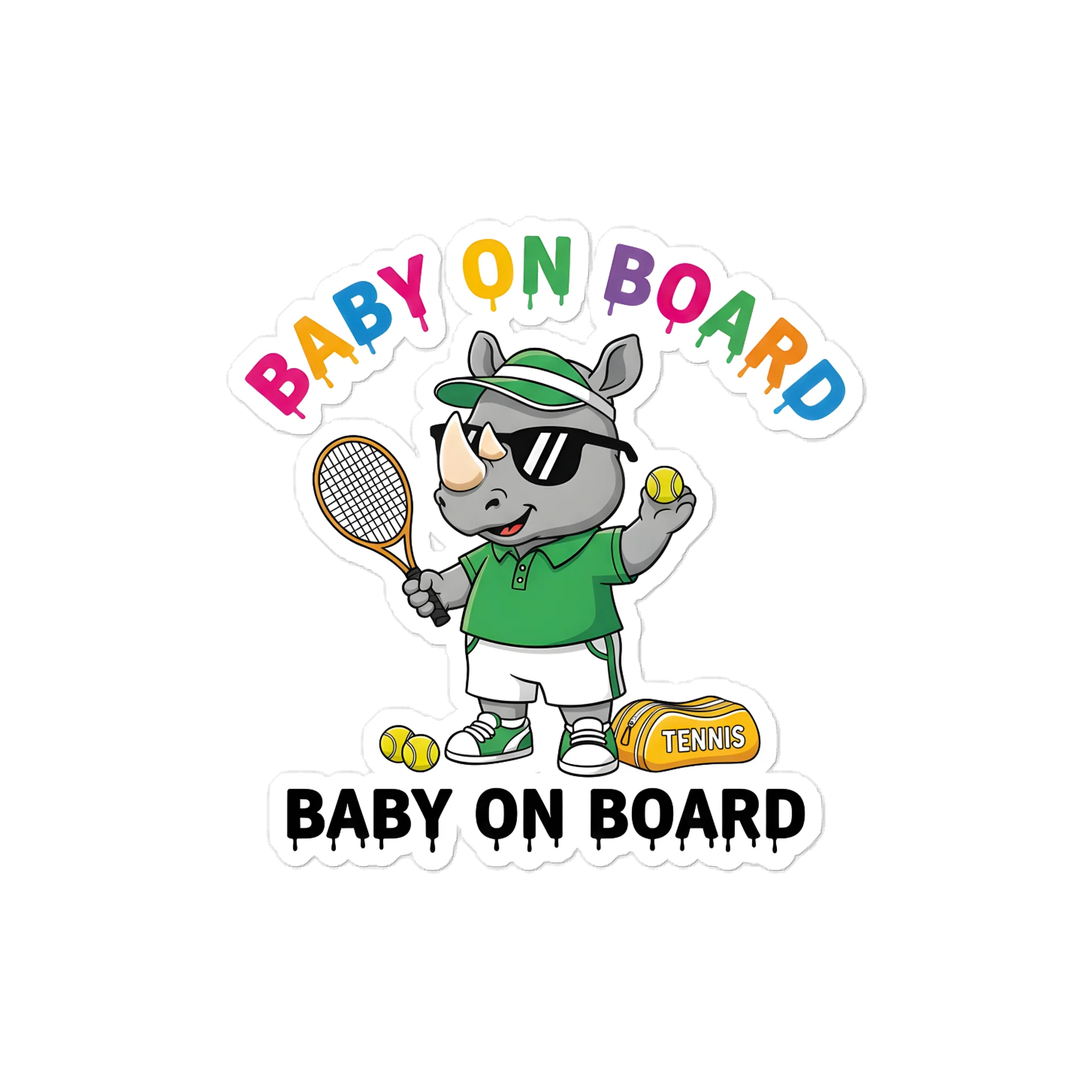 Funny Rhino Tennis Baby on Board Sticker - 5x5 Weatherproof Vinyl Car Decal - Premium Rhino Tennis Court Accessory product image (1)