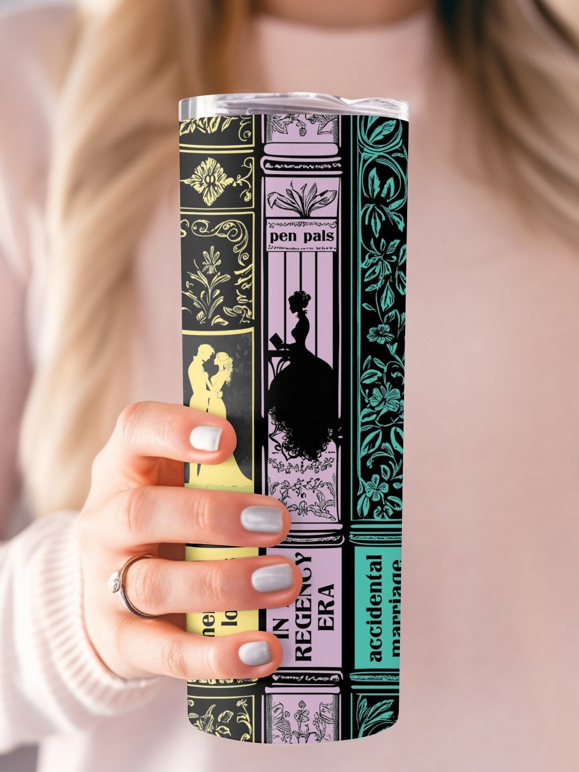 Regency Romance Era Book Tropes Bookish Spine 20oz Full Wrap Tumbler PNG, Enemies To Lovers Seamless Sublimation Design, Digital Download product image (4)