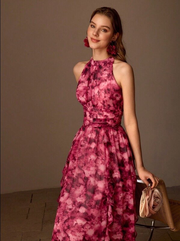 MOTF Premium Burgundy Mesh Overlay Floral Midi Dress - Elegant Ruched Waist Evening Wear for Women product image (1)
