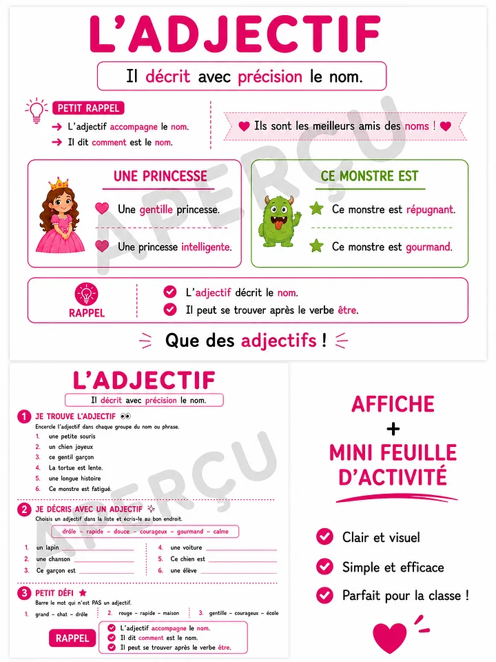 L’adjectif – Affiche + mini feuille d’activité | Un prof et sa guitare product image (1)