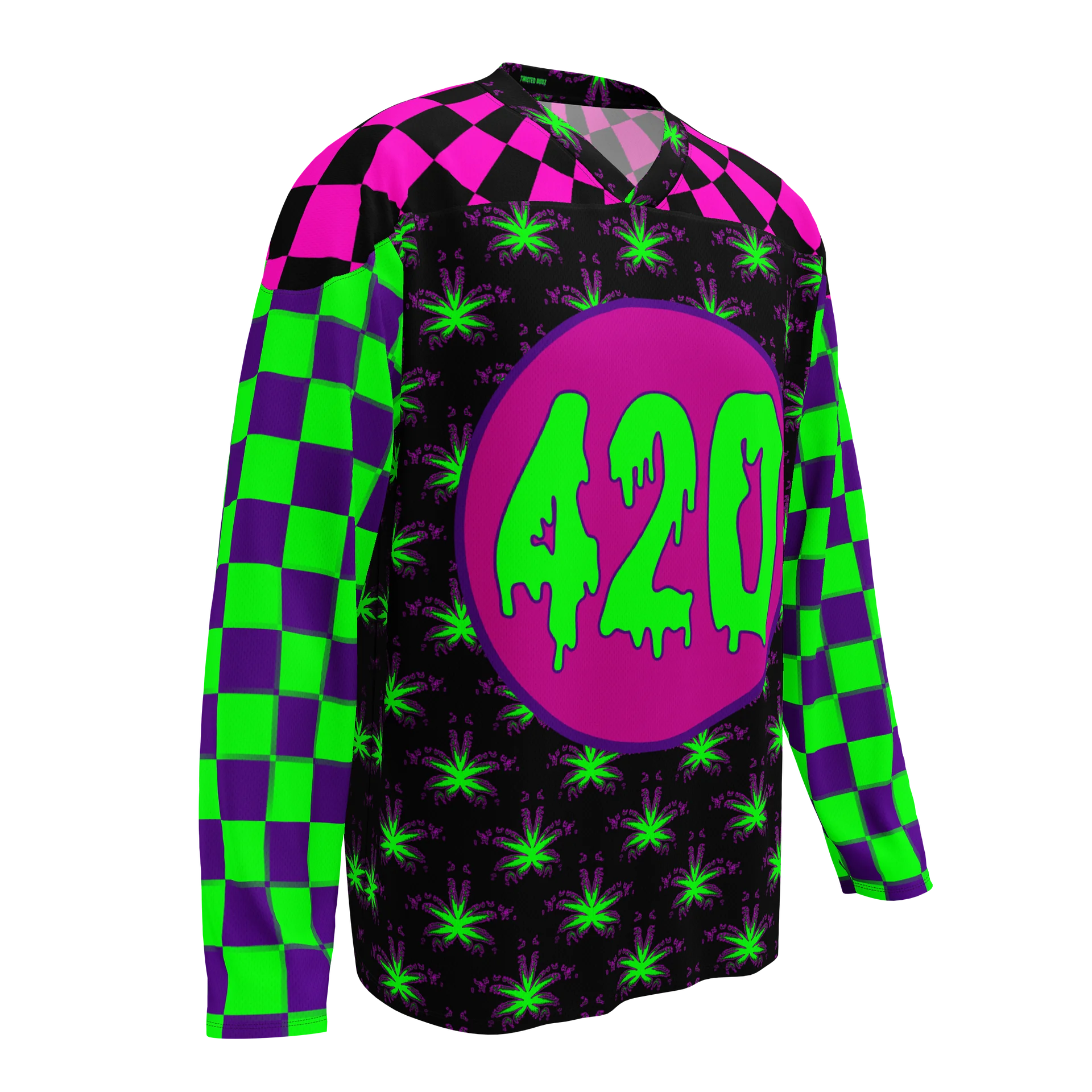 Cannabis 420 Hockey Jersey, Pot Leaf Stoner Clothes, Weird Weed EDM Rave Shirt, Neon 90s Checkers Retro Fashion, Alt Techno Dance Party Wear product image (1)
