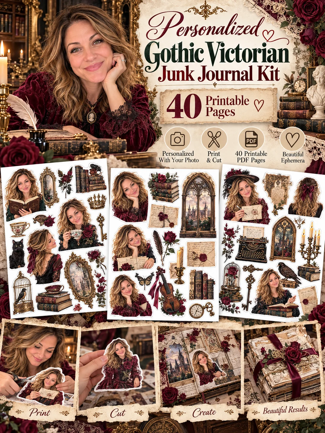 Personalized Gothic Victorian Ephemera for Junk Journals: 40 Printable PDF Pages of Dark Romantic Roses, Gothic Castles, Antique Books, Ravens and More for Scrapbooking, Collage and Mixed Media product image (5)