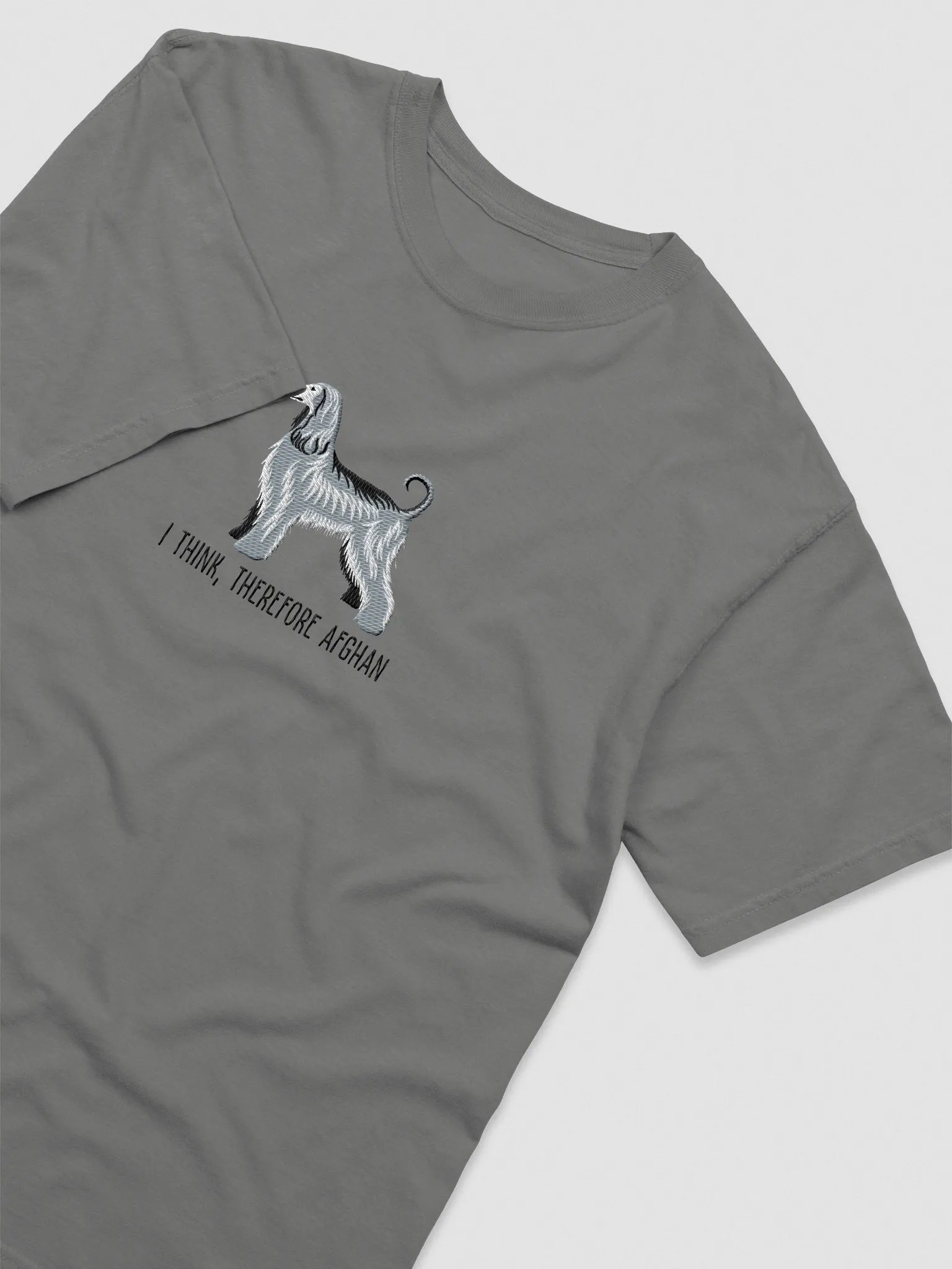 I Think, Therefore Afghan T-Shirt(Embroidered) of an Afghan Hound(Gray/Blue) product image (6)