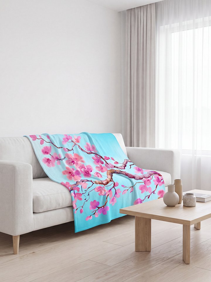 Watercolor Cherry Blossom Throw Blanket | Soft Pink & Blue Floral Fuzzy Blanket product image (2)