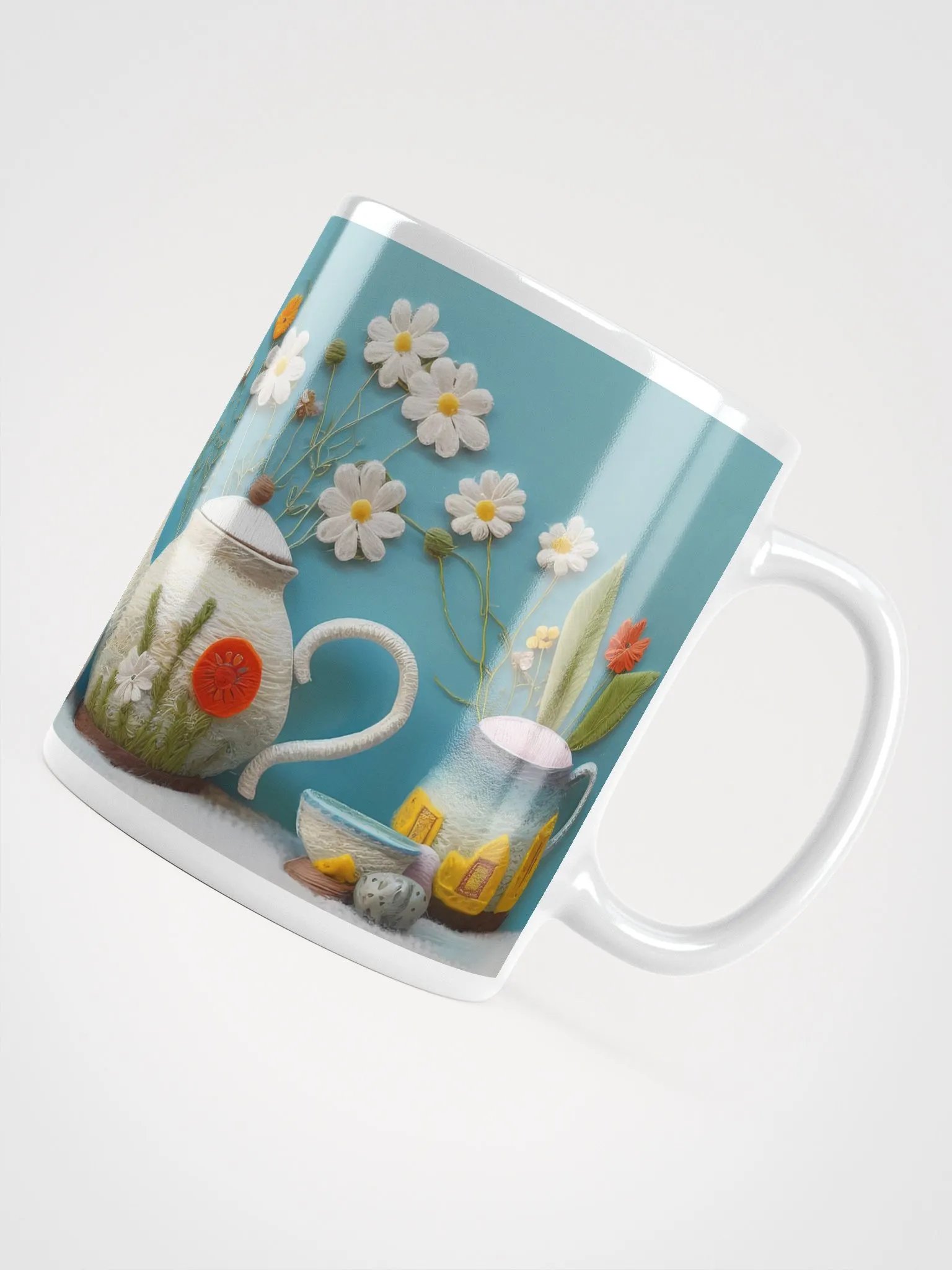 Embroidered Floral Fantasy Tea White Glossy Mug product image (4)