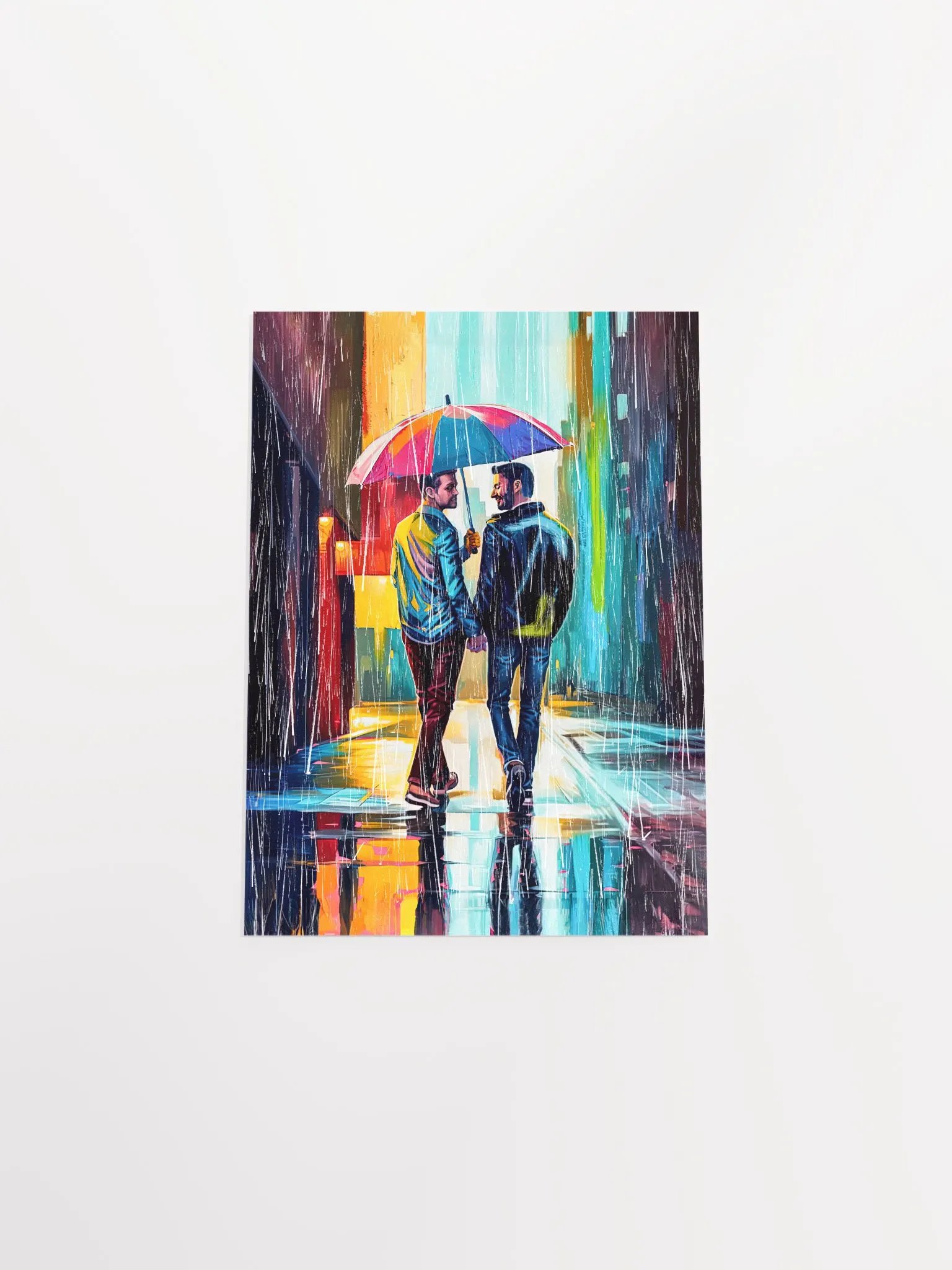 Gay Couple In The Rain – Colorful Two Hearts Studio Art Print product image (4)