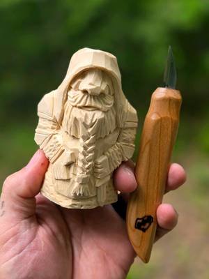 Freeing fantasy warriors from basswood is my happy place! 😆 🤣   I'll never stop carving Dwarves out of basswood. i'll carve a lot of things, but i'll always come back to free more of these guys from the wood. Think you might want to try woodcarving? You need several things, a sharp knife, a leather strop with compound for honing your blade, safety gloves (A5 or better) and basswood (to carve like i do at least.) Why Basswood?  Its softer than other hardwoods and holds detail well.  Learning to carve with basswood is akin to learning to drive on an automatic. It simplifies and streamlines learning.  Woods like Walnut and oak can be carved,  but learning to carve with them as the starting point is like learning to drive on an 18 wheeler Semi Truck with manual transmission.  Its needlessly difficult.  #woodcarving #whittling #fantasy #fantasyart #fantasyartist