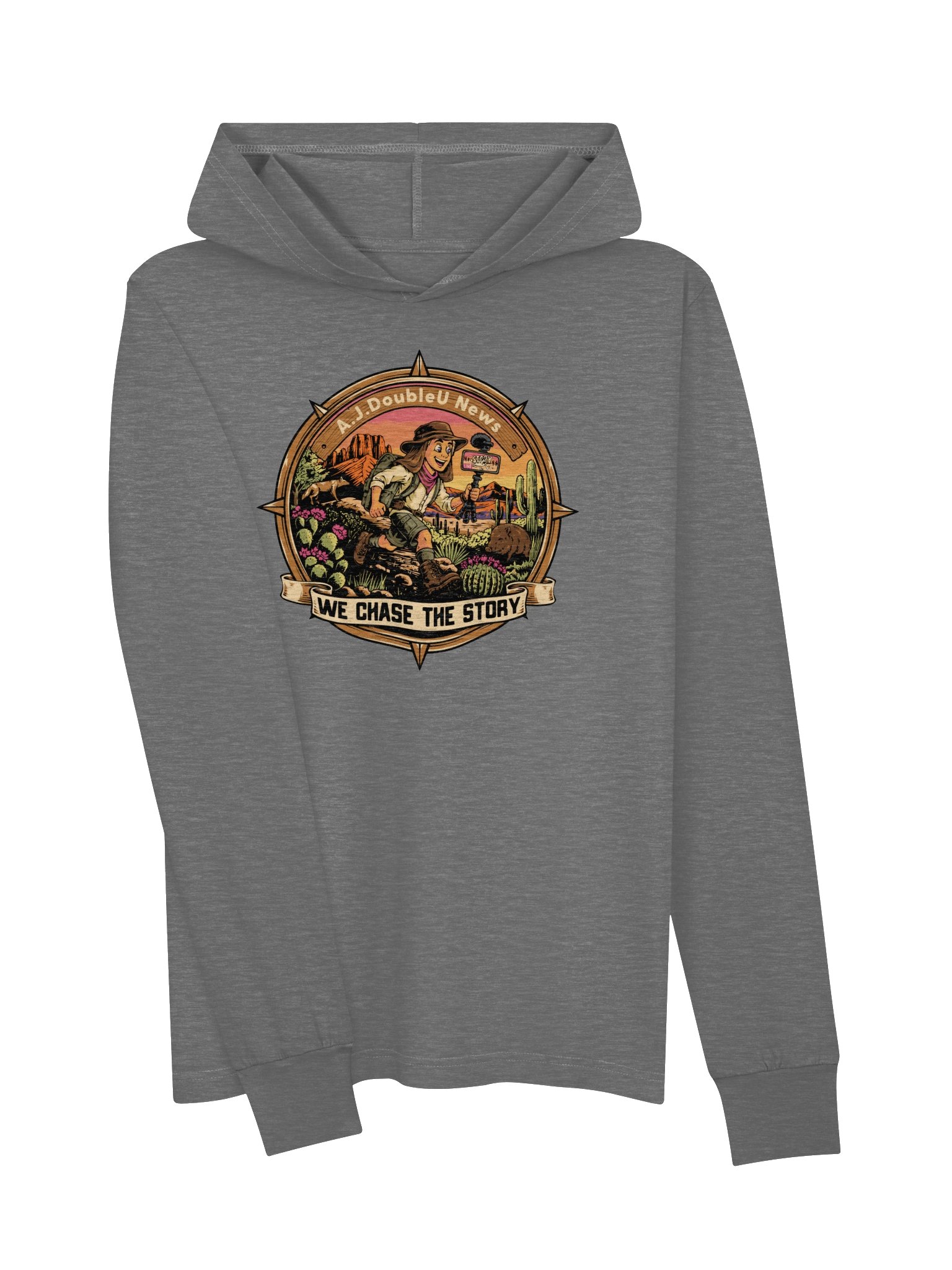 GREY Long Sleeve T-Shirt With Hoodie - A.J.DoubleU News Desert Adventure Logo product image (3)