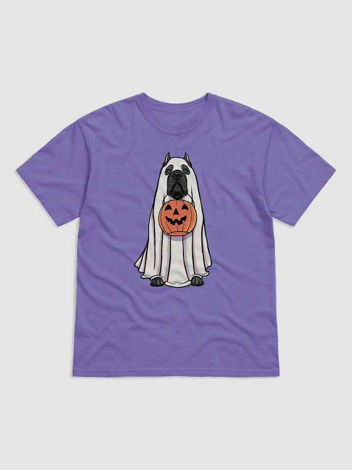 Funny Halloween Cane Corso(Blue) T-Shirt | Funny Cane Corso Wearing a Ghost Costume and Holding a Pumpkin Basket product image (1)