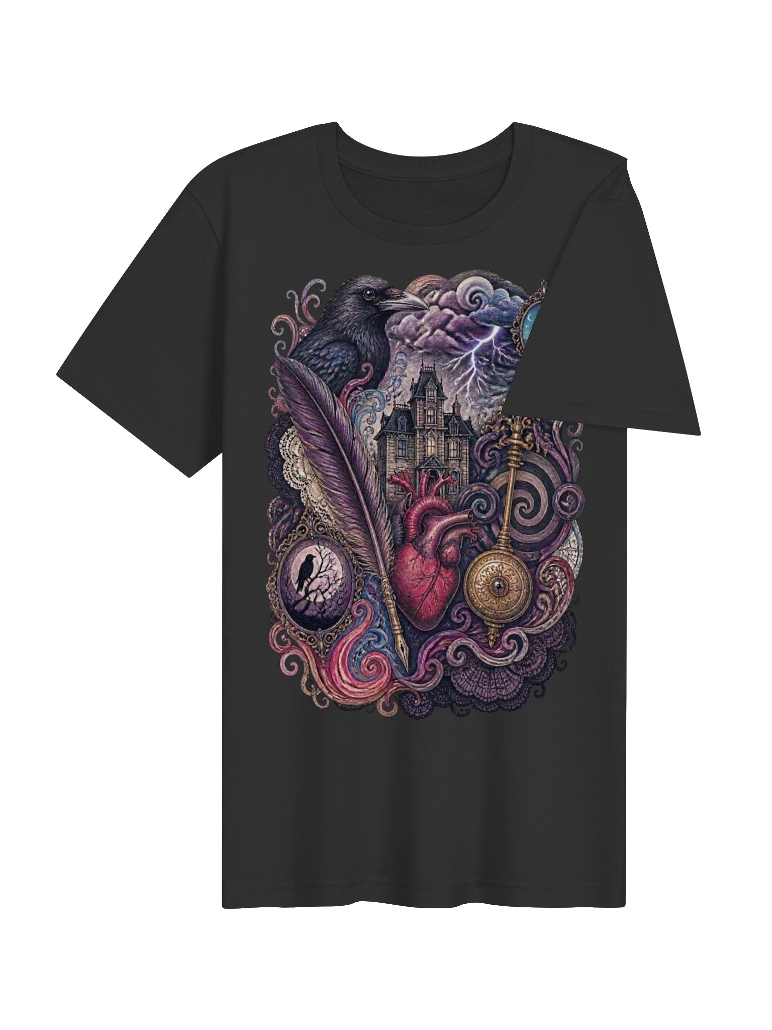 Edgar Allan Poe Whimsigoth Collage Tee, Dark Academia Raven Heart & Haunted House product image (47)