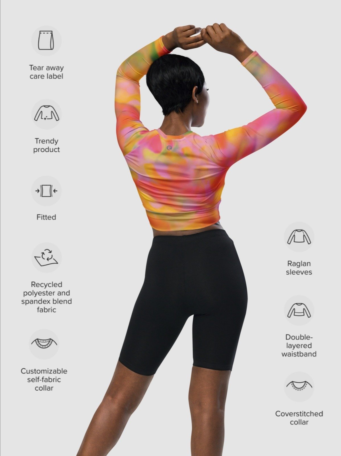 Recycled long-sleeve crop top "Sweet Pastel Tie Dye in Orange Light Pink" product image (4)