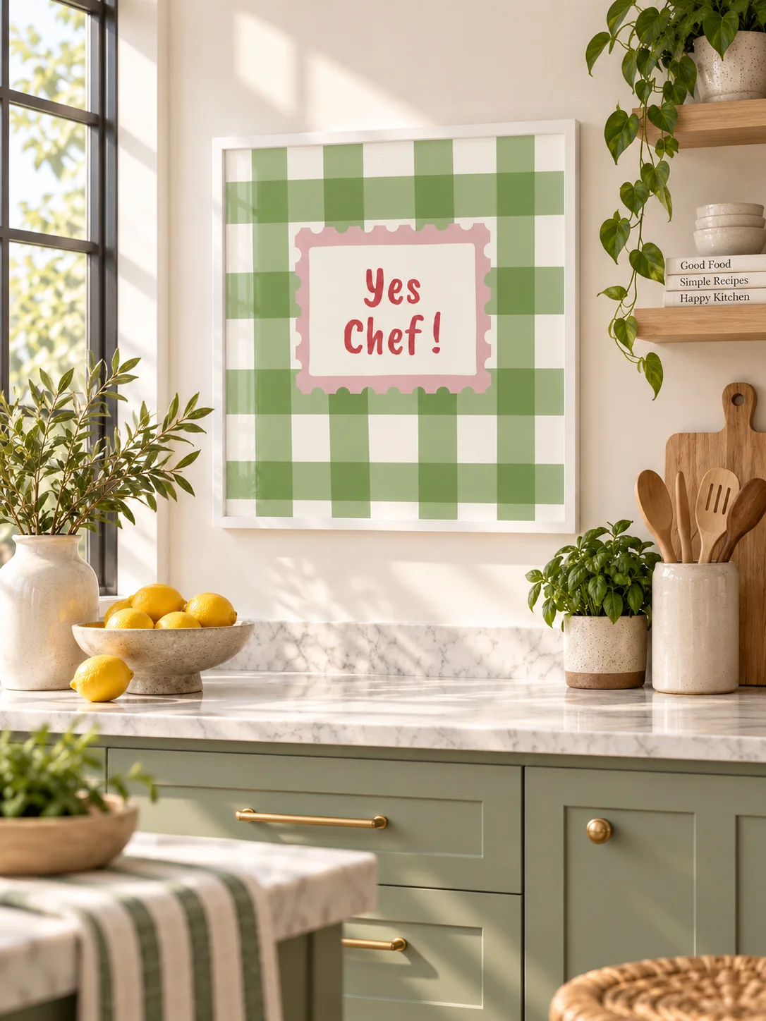 Yes Chef Printable Kitchen Wall Art | Green Gingham Retro Typography Poster product image (9)