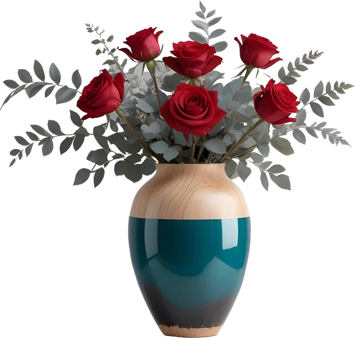 Elegant Teal and Wooden Vase with Red Rose Arrangement PNG product image (1)
