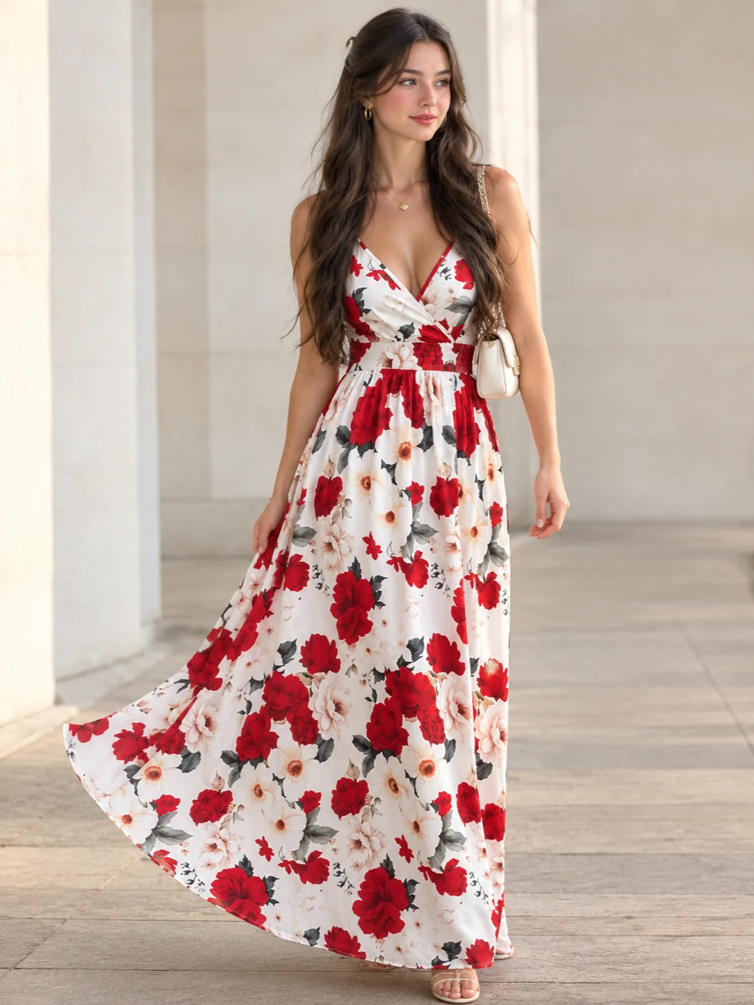 EMERY ROSE Women's V-Neck Floral Print Waist Cinched Long Sleeveless Dress product image (1)