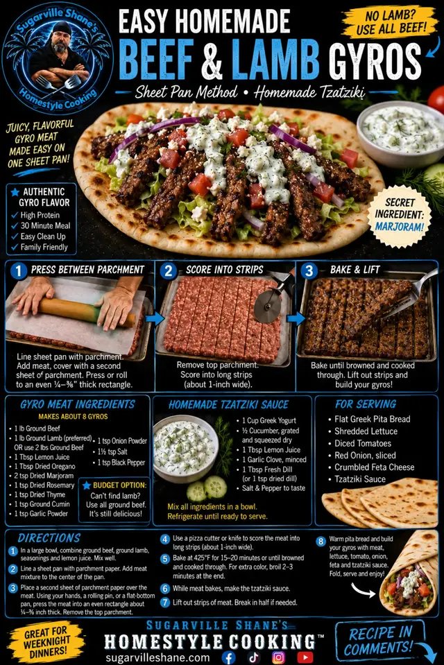 Description Skip the takeout and make authentic-tasting gyros right at home! This easy sheet pan method uses seasoned beef and lamb pressed between parchment paper, scored into strips, and baked until perfectly browned. Load it into warm flat pita bread with crisp lettuce, juicy tomatoes, red onion, crumbled feta, and homemade tzatziki sauce for a restaurant-style meal the whole family will love. No lamb? Use all beef and it's still delicious! Ingredients Gyro Meat 1 lb ground beef 1 lb ground lamb (or use 2 lbs ground beef) 1 tbsp lemon juice 1 tbsp dried oregano 2 tsp dried marjoram 1 tsp dried rosemary 1 tsp dried thyme 1 tsp ground cumin 1 tsp garlic powder 1 tsp onion powder 1½ tsp salt 1 tsp black pepper Homemade Tzatziki Sauce 1 cup plain Greek yogurt ½ cucumber, grated and squeezed dry 1 tbsp lemon juice 1 garlic clove, minced 1 tbsp fresh dill (or 1 tsp dried dill) Salt and pepper to taste For Serving Flat Greek pita bread Shredded lettuce Diced tomatoes Sliced red onion Crumbled feta cheese Tzatziki sauce Recipe Preheat oven to 425°F. In a large bowl, combine the ground beef, ground lamb, lemon juice, and all seasonings. Mix until evenly combined. Line a sheet pan with parchment paper. Place the meat mixture in the center of the pan. Lay a second sheet of parchment paper over the meat. Using your hands, a rolling pin, or a flat-bottom pan, press the meat into an even rectangle about ¼ to ⅜ inch thick. Remove the top sheet of parchment paper. Using a knife or pizza cutter, score the meat into long strips about 1 inch wide. Bake for 15–20 minutes, or until browned and cooked through. For extra color, broil for 2–3 minutes at the end. While the meat cooks, combine all tzatziki ingredients in a bowl. Stir well and refrigerate until ready to serve. Remove the meat from the oven and lift out the strips. Break them in half if needed. Warm the flat pita bread and build your gyros with meat, lettuce, tomatoes, red onion, feta cheese, and plenty of tzatziki sauce. Fold, serve, and enjoy! #Gyros #GreekFood #SheetPanDinner #GroundBeefRecipes #GroundLamb 