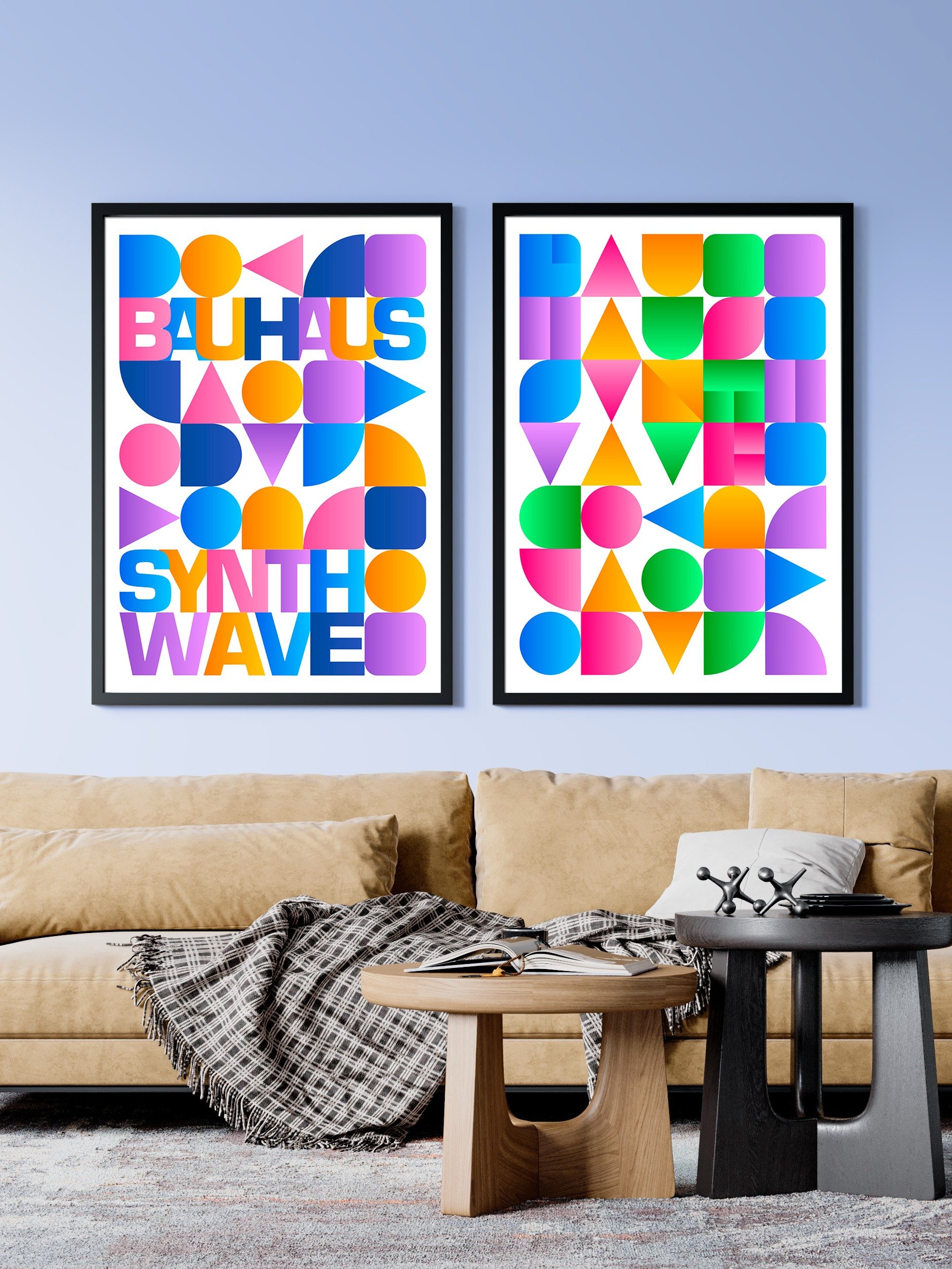 Synthwave Bauhaus Rainbow poster #2 (pink-blue-yellow) — abstract poster, retrowave print, vaporwave geometric art, 1980s print, 1930s decor product image (2)
