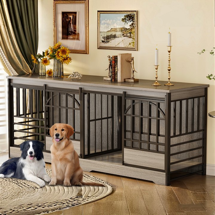 78 Inch Double Dog Crate Furniture, Extra Large Dog Kennel Indoor with Divider, Heavy Duty Dog Cage for 2 Dogs, Decorative Wooden Dog House Decorative Table TV Stand, Pet House for XLarge Dogs,Grey product image (1)