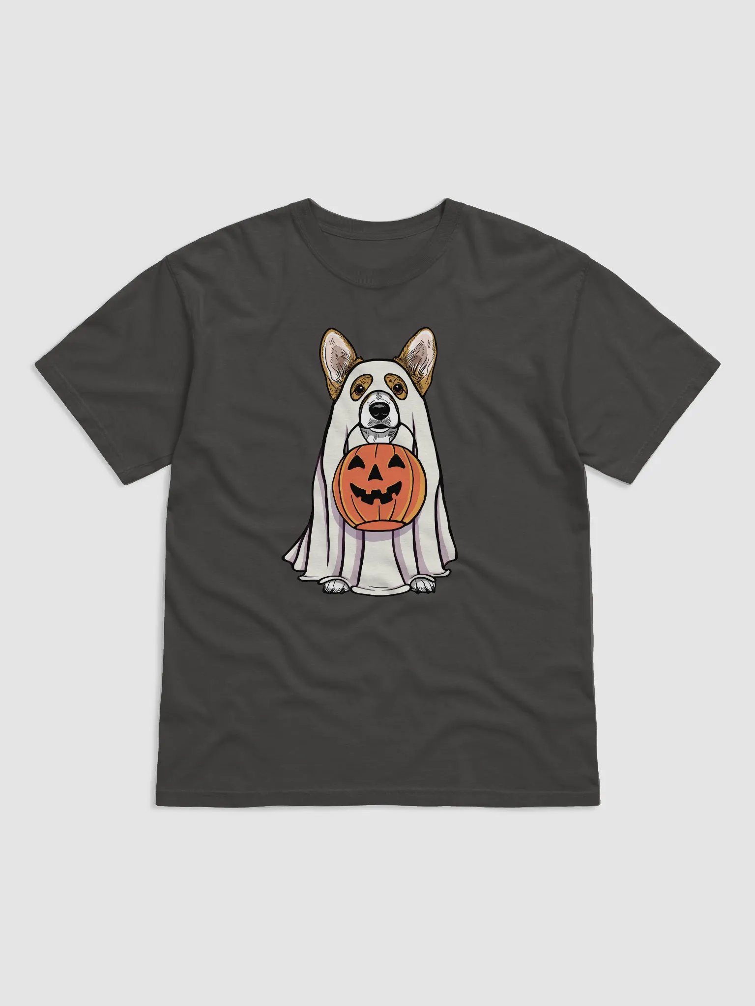 Funny Halloween Pembroke Welsh Corgi T-Shirt | Funny Corgi Wearing a Ghost Costume and Holding a Pumpkin Basket product image (1)