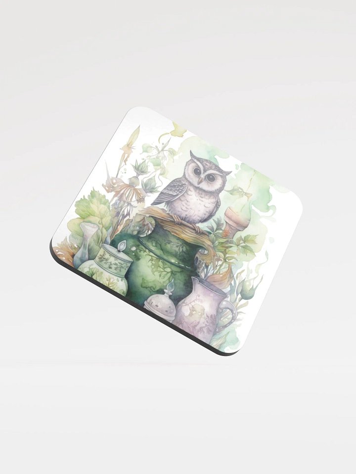 Glossed Cork Coaster 🦉 Peaceful Green Theme - Owls Vibes - Motif 1 product image (1)