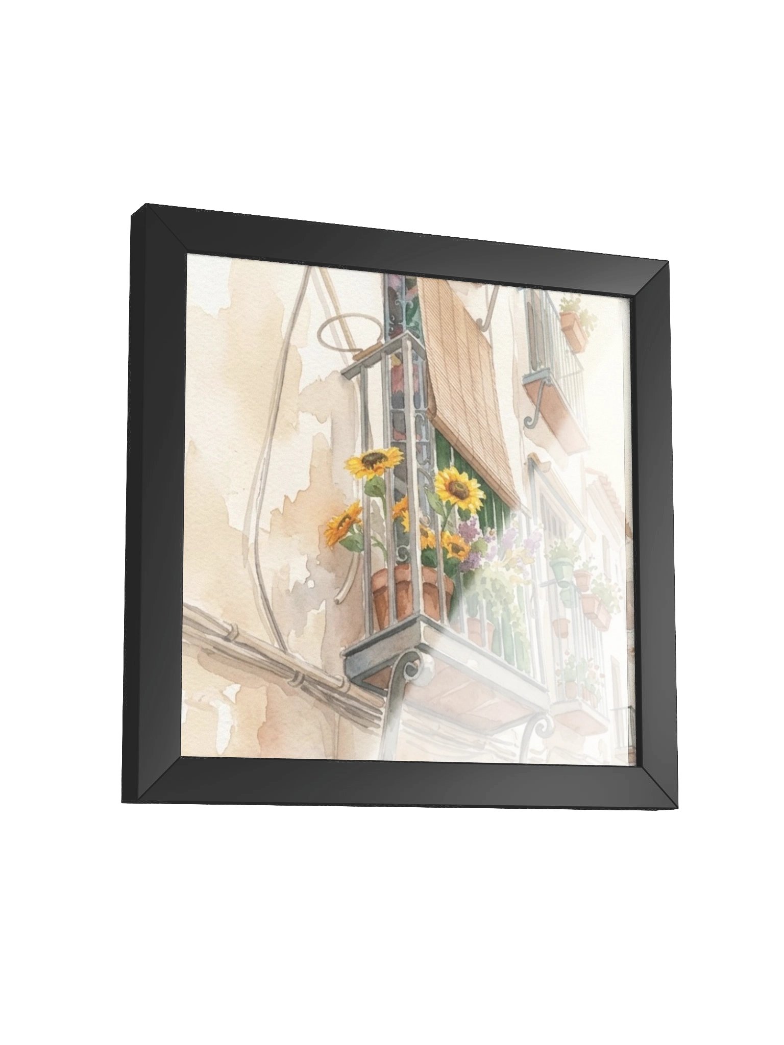 Mediterranean Balcony Watercolor Square Print | Sunflower Wall Art | European Street Scene Painting | Rustic Spanish Village Decor product image (5)