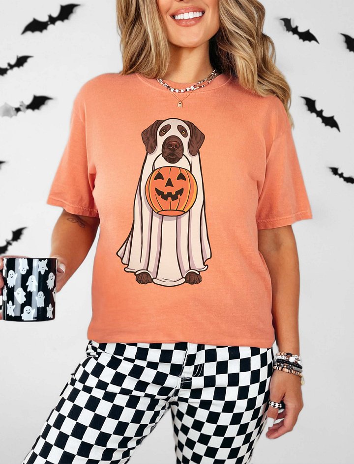 Funny Halloween German Shorthaired Pointer T-Shirt | Funny GSP Wearing a Ghost Costume and Holding a Pumpkin Basket product image (2)