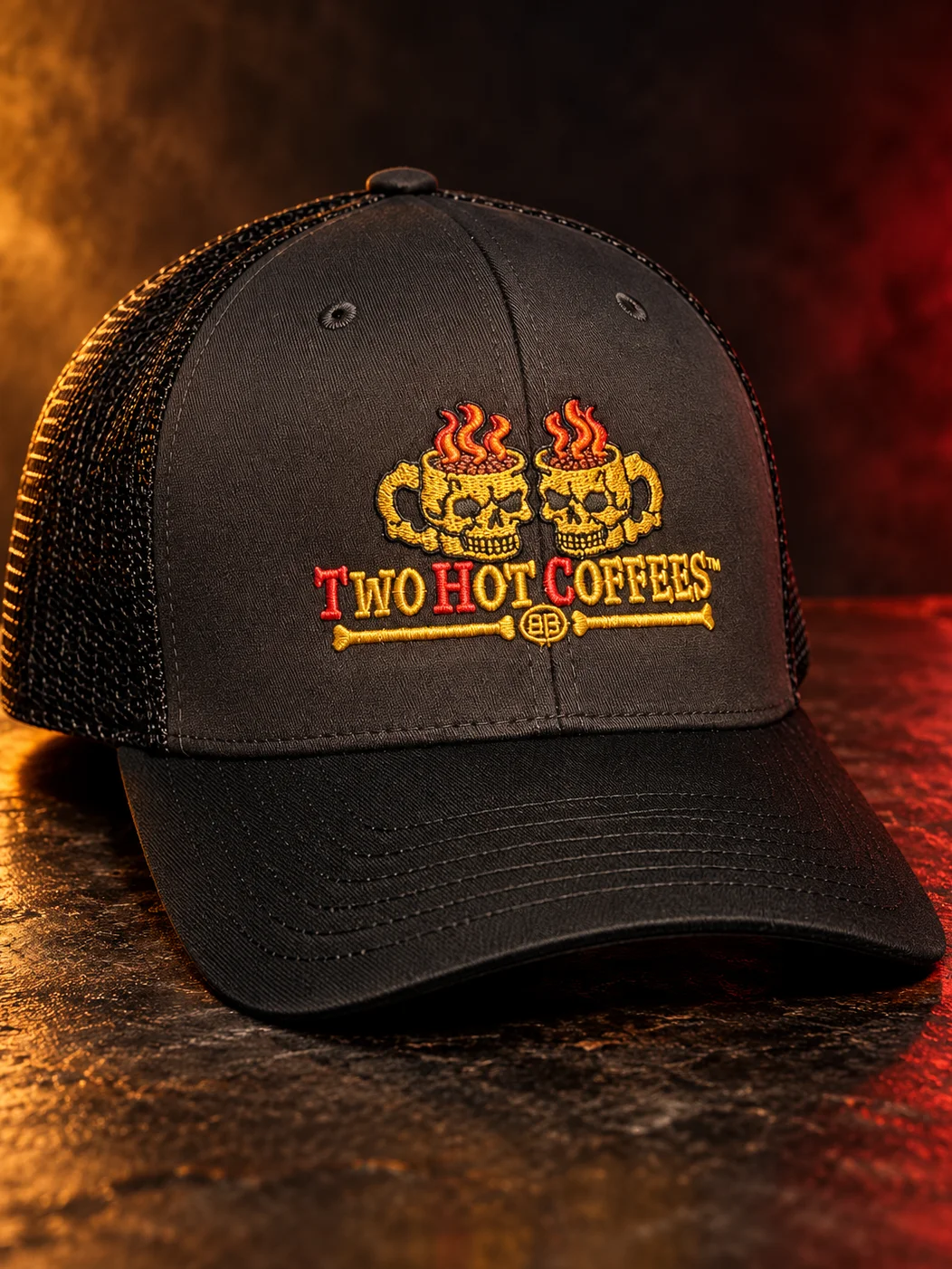 Skull Coffee Trucker Hat — Two Hot Coffees™ Embroidered Flexfit Cap product image (1)