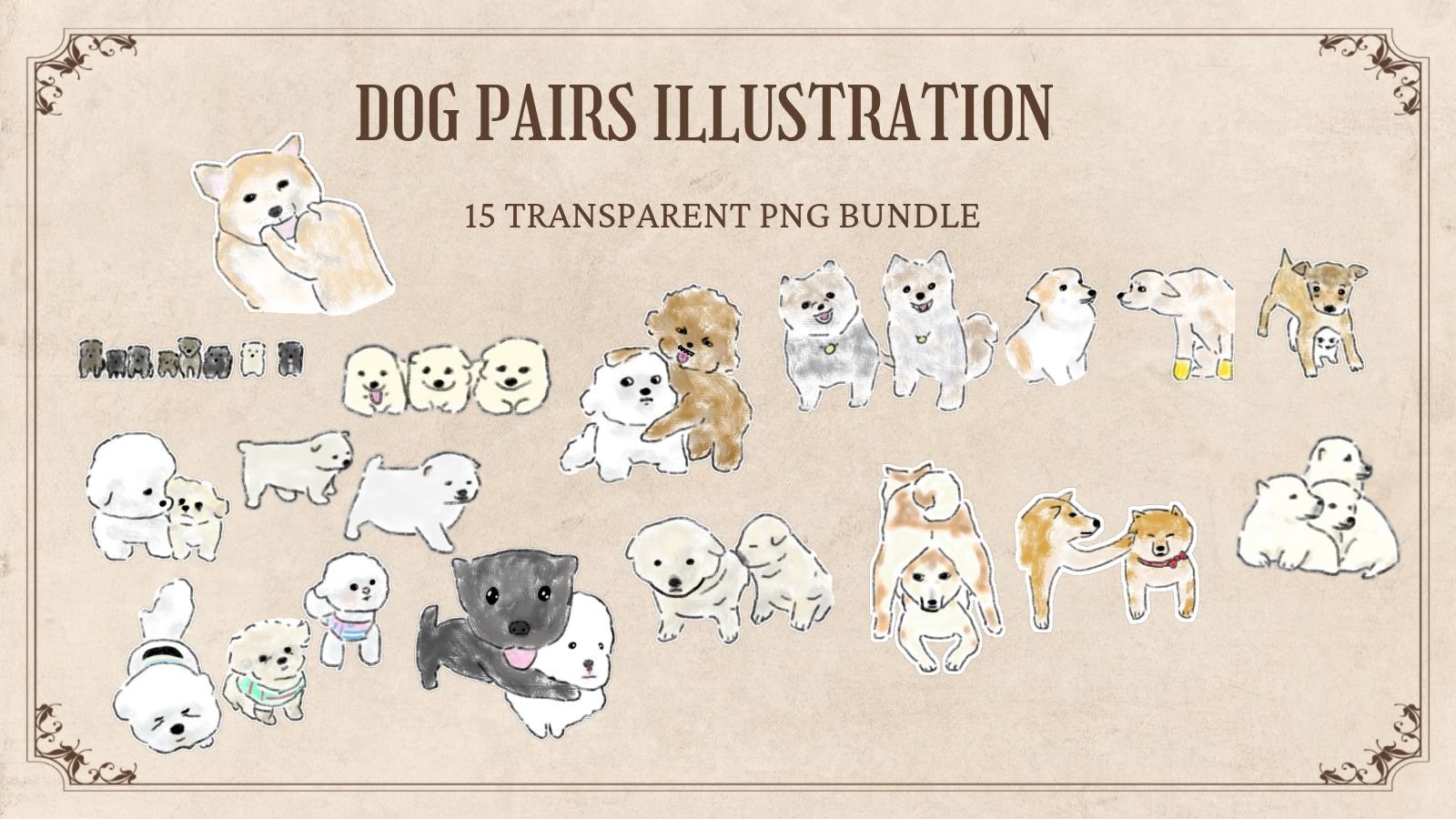 15 Hand-Drawn Dog Pairs PNG Clipart Bundle product image (1)