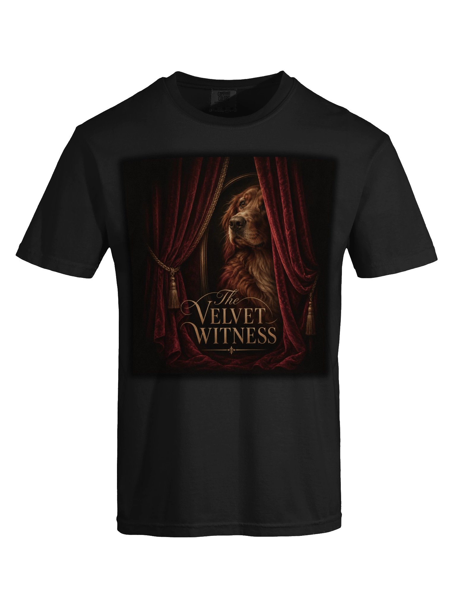 Vintage Dog Portrait Graphic T-Shirt – Burgundy Velvet Curtain Art | The Velvet Witness product image (6)