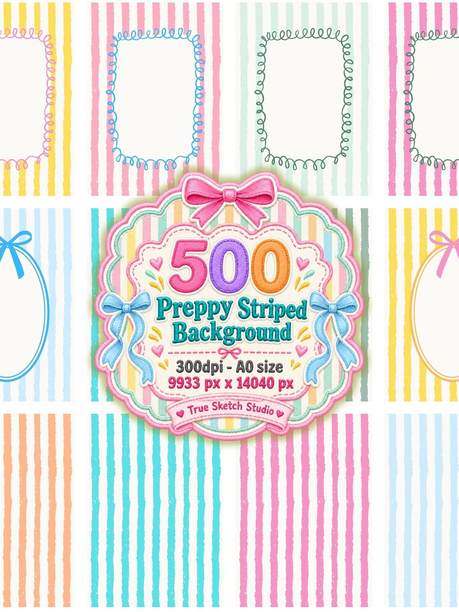 500 Preppy Striped Digital Paper Bundle, Pastel Coquette Bow Backgrounds, Scalloped Frames, Printable Stationery, Scrapbook Pages, A0 300DPI product image (3)