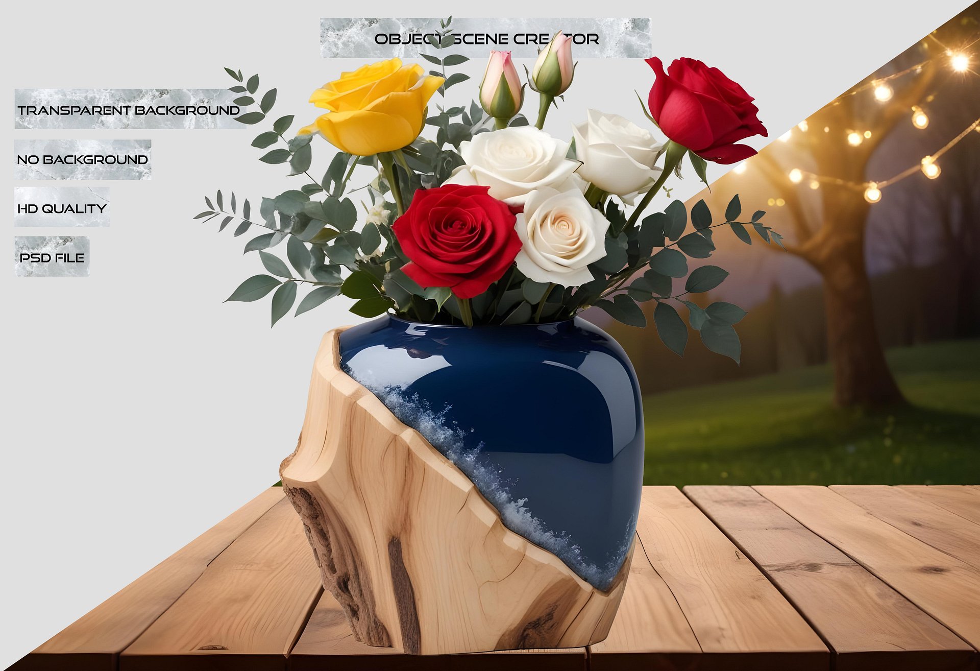 Eternal Charm – Wooden Elegance Vase with Roses PNG product image (2)