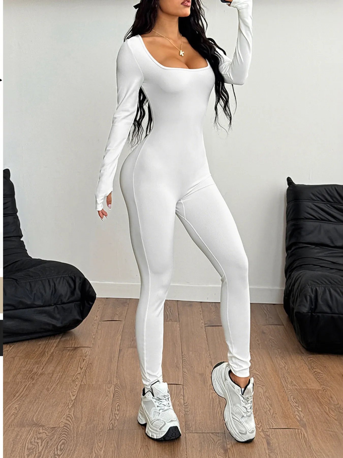 Square Neck Long Sleeve Active Jumpsuit ! Don't touch me White product image (3)