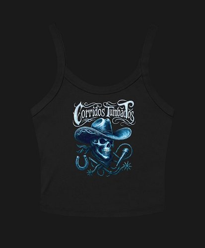 WOMANS CORRIDOS TUMBADOS TANK TOP

A CALM, COLD FLEX. THE ARTWORK SHOWS A SKULL IN A CHARRO HAT, FRAMED BY ROSES AND AGAVE, W...