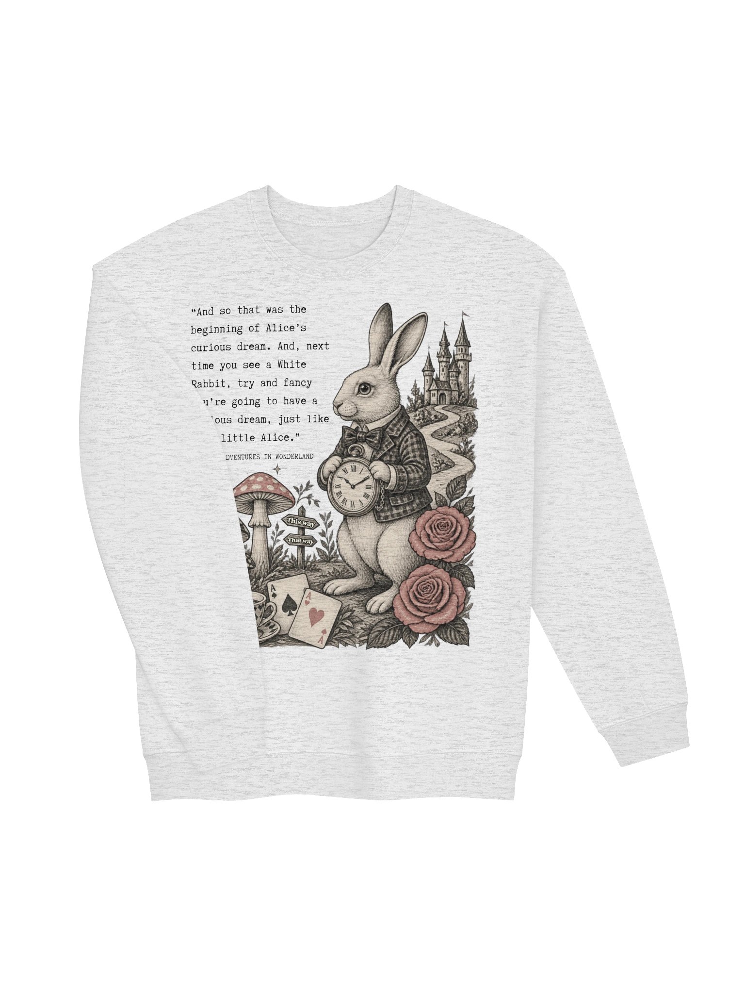 Wonderland White Rabbit Crewneck Sweatshirt, Alice's Adventures Quote Graphic product image (20)