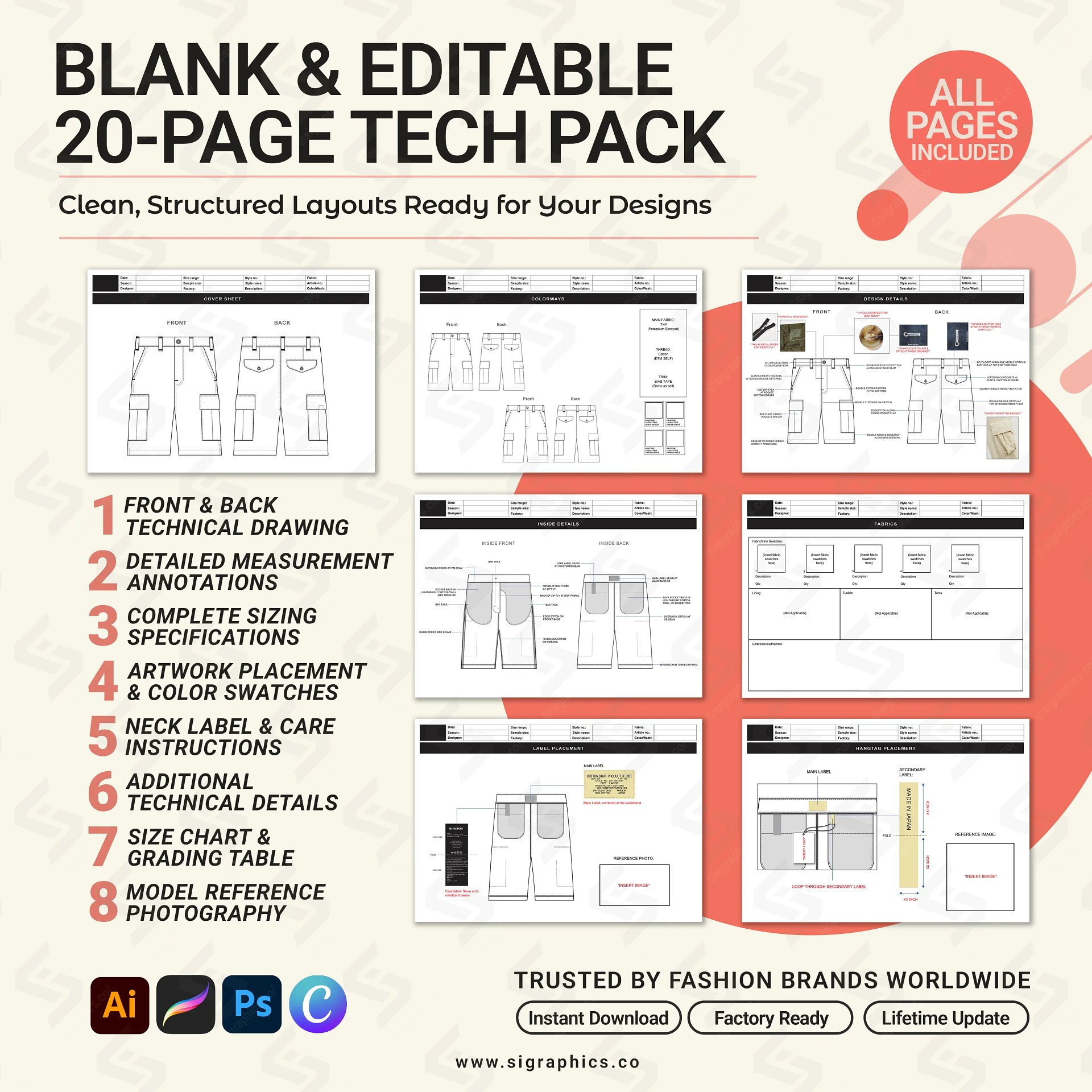Cargo Shorts Tech Pack Template – Editable AI File product image (3)