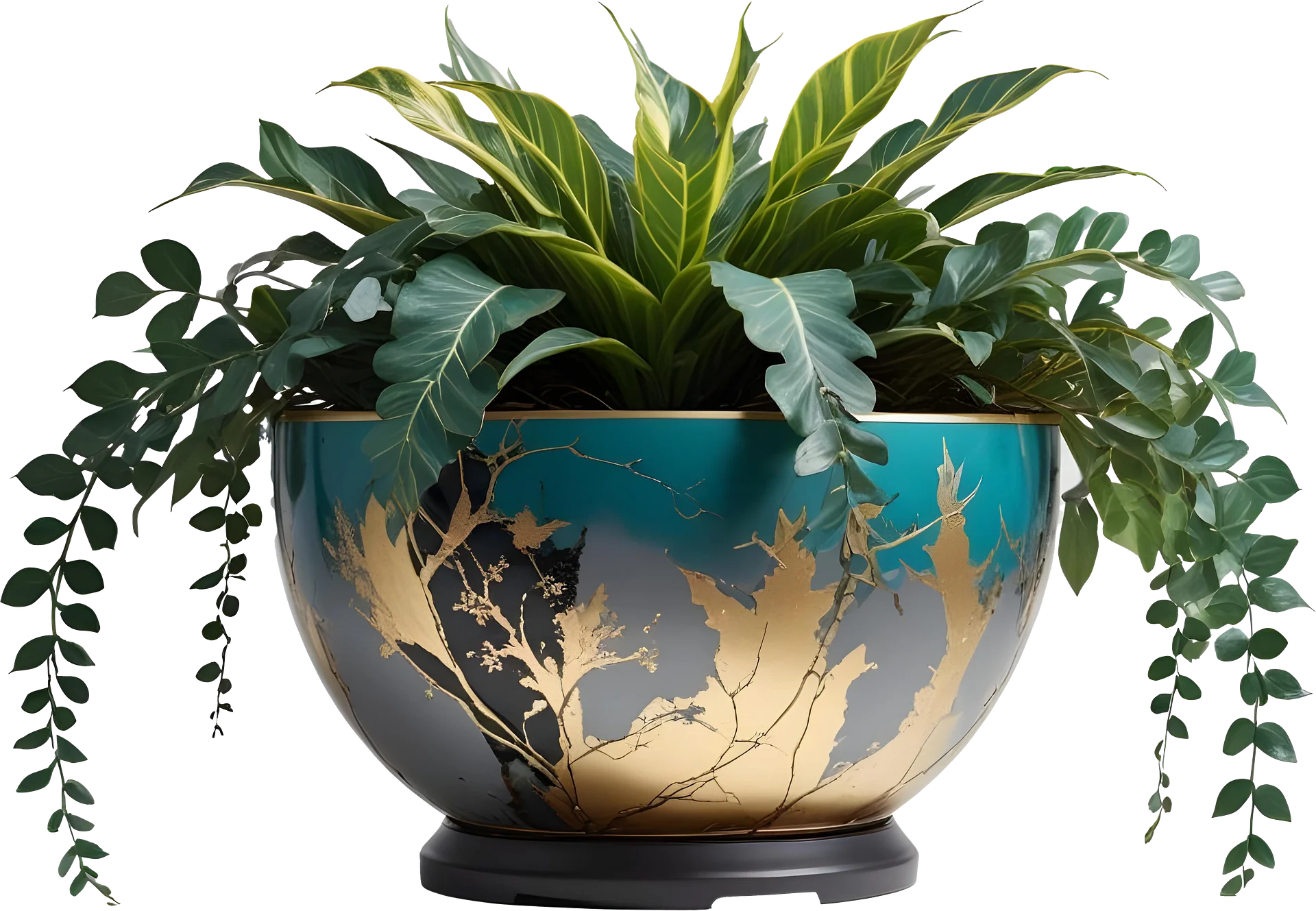 Kintsugi Bliss – Turquoise and Gold Planter with Foliage PNG product image (1)
