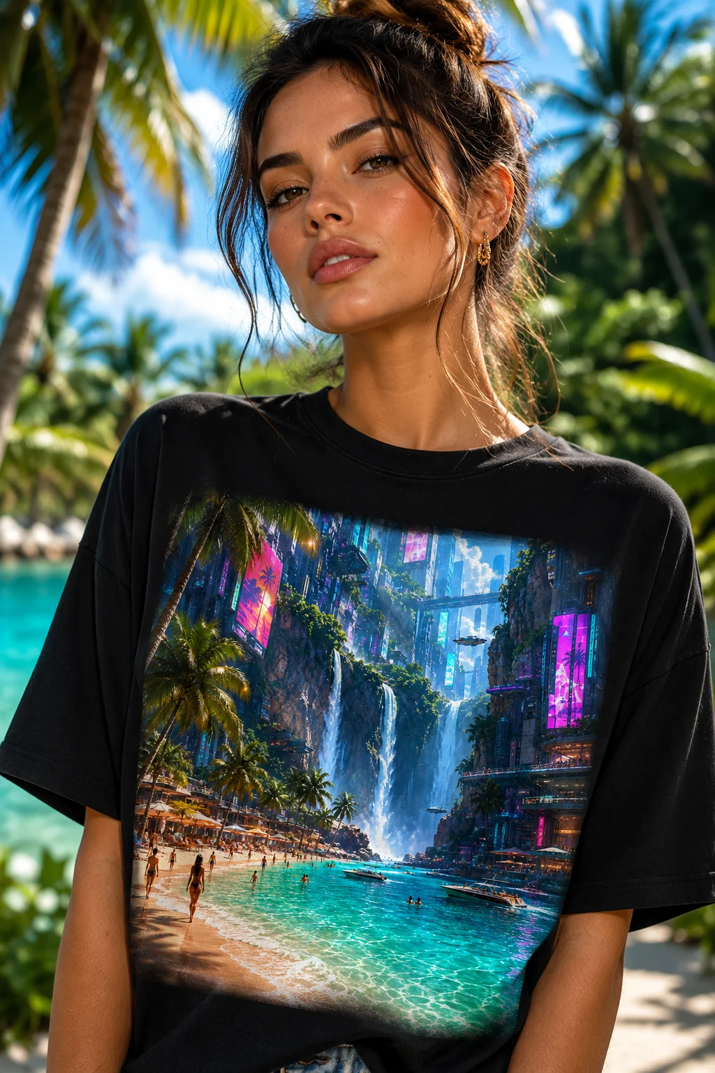 Cyberpunk Tropical Paradise T-Shirt – AS Unisex Oversized Heavyweight Futuristic Beach Tee product image (1)