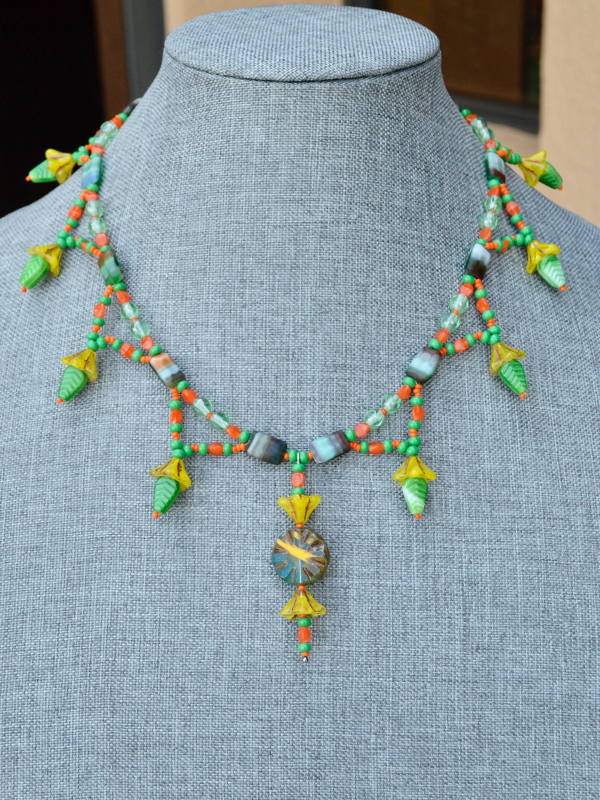 Fairygoth Colorful Green Leaf and Yellow Flower Handmade Necklace product image (1)