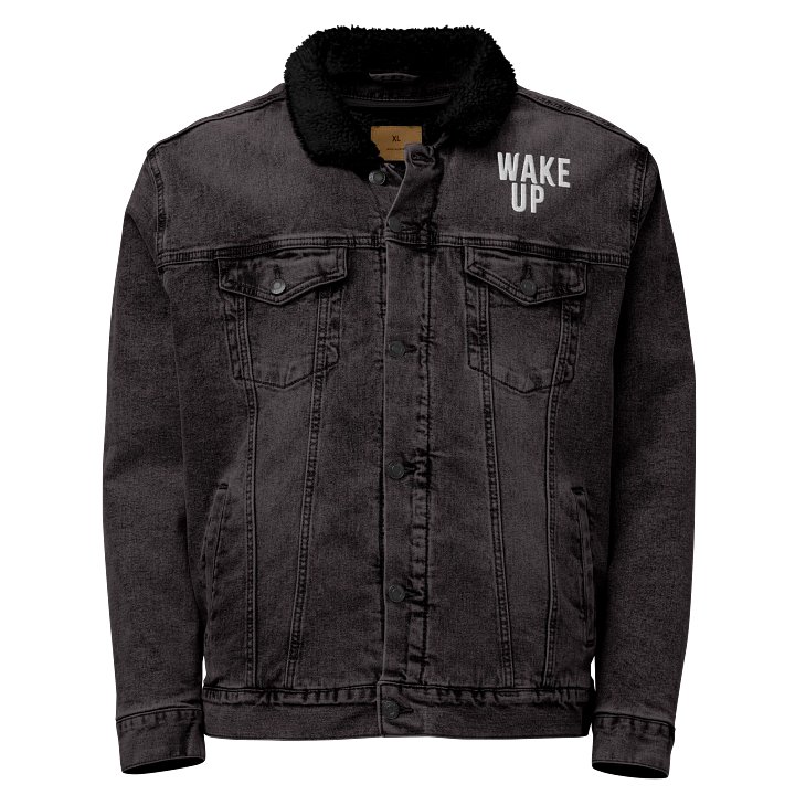 “Wake Up” embroidered sherpa denim jacket – washed black winterwear from Seven Shades of Nothing product image (1)