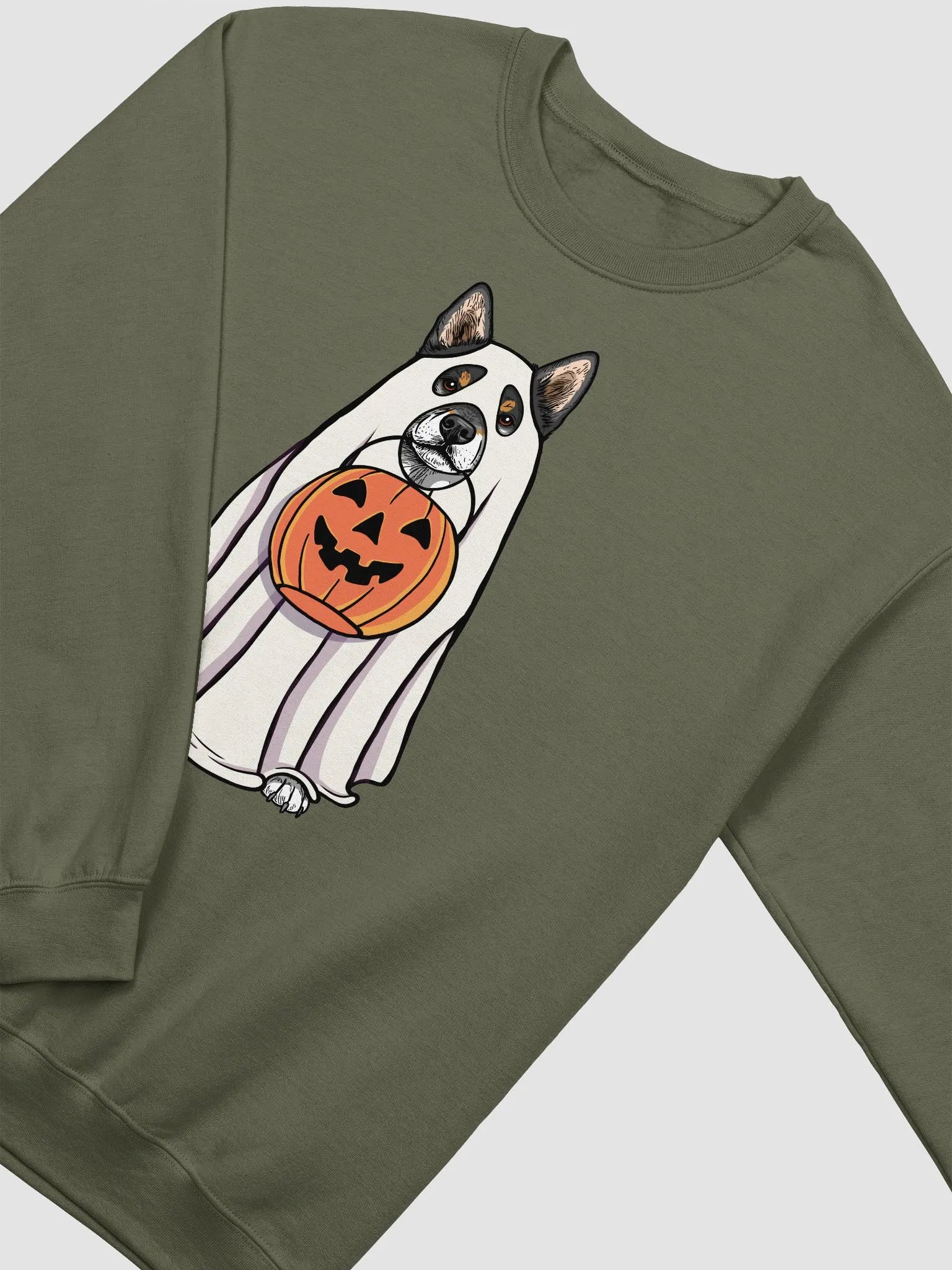 Funny Halloween Shiba Inu(Tricolor) Sweatshirt | Funny Dog Wearing a Ghost Costume and Holding a Pumpkin Basket product image (4)